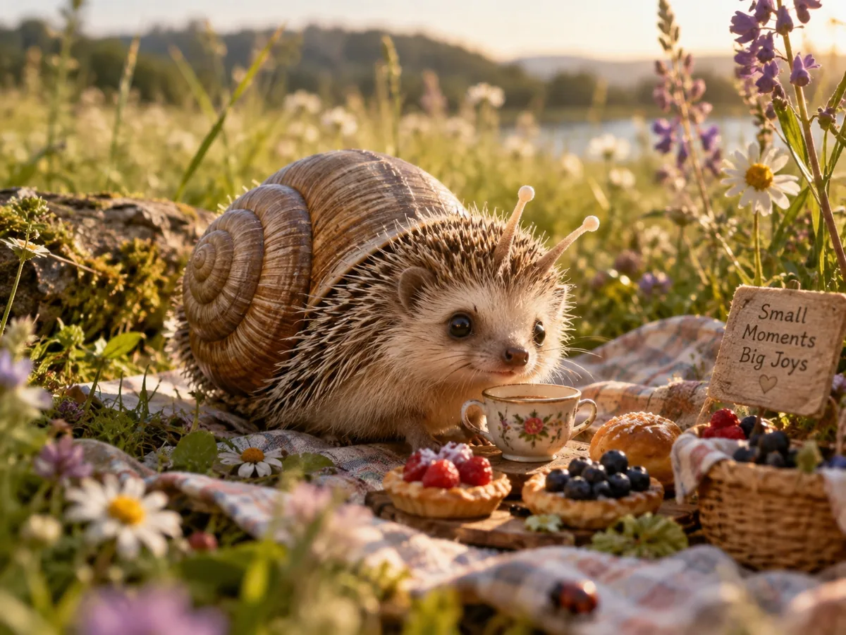 En snigelkotting på en liten picknick i en solig blomsteräng med tekopp, bär och små bakverk